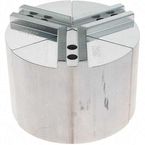 Abbott Workholding Products - 6" Max Chuck Capacity, 1.5mm x 60° Serrated Interface, Round Soft Lathe Chuck Jaw - 3 Jaw, Aluminum, 0.7874" Btw Mount Hole Ctrs, 6" Wide, 4" High, 10mm Fastener - Caliber Tooling