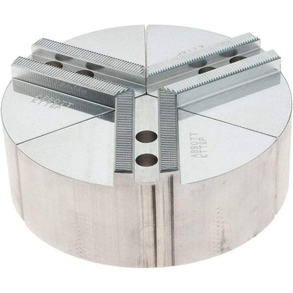 Abbott Workholding Products - 6" Max Chuck Capacity, 1.5mm x 60° Serrated Interface, Round Soft Lathe Chuck Jaw - 3 Jaw, Aluminum, 0.7874" Btw Mount Hole Ctrs, 6" Wide, 2" High, 10mm Fastener - Caliber Tooling