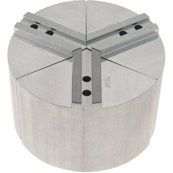 Abbott Workholding Products - 10" Max Chuck Capacity, 1.5mm x 60° Serrated Interface, Round Soft Lathe Chuck Jaw - 3 Jaw, Aluminum, 1.1811" Btw Mount Hole Ctrs, 10" Wide, 6" High, 12mm Fastener - Caliber Tooling