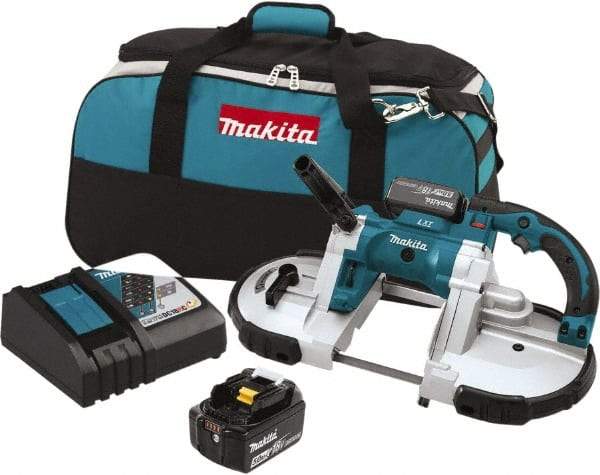 Makita - 18 Volt, 44-7/8" Blade, 530 SFPM Cordless Portable Bandsaw - 4-3/4" (Round) & 4-3/4 x 4-3/4" (Rectangle) Cutting Capacity, Lithium-Ion Battery Included - Caliber Tooling