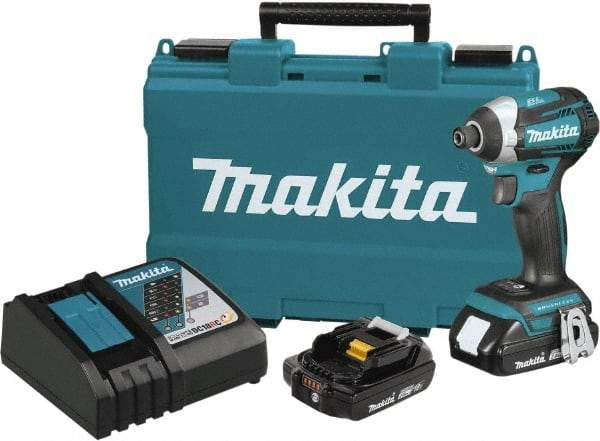 Makita - 18 Volt, 1/4" Drive, 20 Ft/Lb Torque, Cordless Impact Driver - Pistol Grip Handle, 3600 RPM, 2 Lithium-Ion Batteries Included - Caliber Tooling