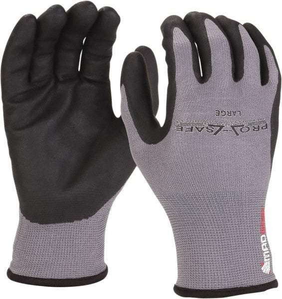 PRO-SAFE - Size L (9) Nitrile Coated Nylon/Nitrile Work Gloves - Palm & Fingers Coated, Slip-On Cuff, Black/Gray, Paired - Caliber Tooling