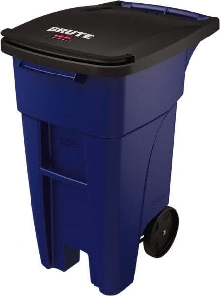 Rubbermaid - 32 Gal Blue Rectangle Trash Can - Plastic, None Graphic, 37.16" High x 20.62" Wide, Lid Included - Caliber Tooling