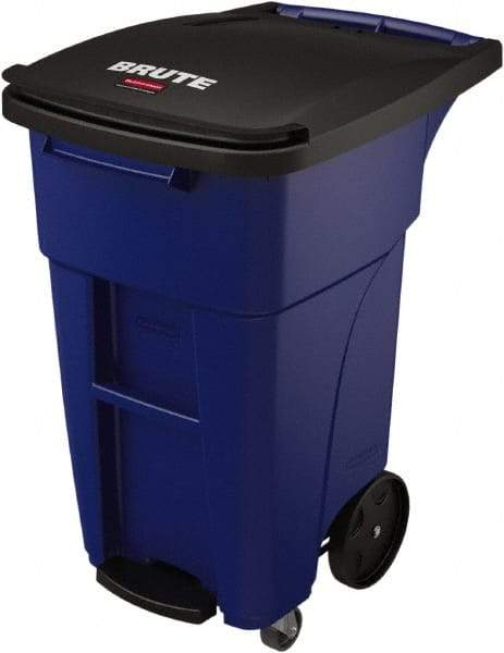 Rubbermaid - 32 Gal Blue Rectangle Trash Can - Plastic, None Graphic, 37.16" High x 20.62" Wide, Lid Included - Caliber Tooling