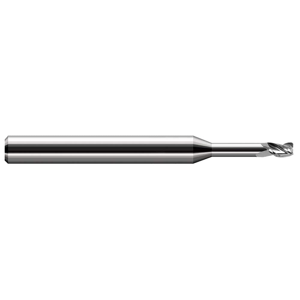 Corner Radius End Mill: 0.047″ Dia, 0.07″ LOC, 1/64″ Radius, 3 Flutes, Solid Carbide 2-1/2″ OAL, 1/8″ Shank Dia, 30 ° Helix, Bright/Uncoated, Corner Radius End