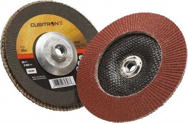 3M - 40 Grit, 7" Disc Diam, 5/8-11 Center Hole, Type 29 Ceramic Flap Disc - 8,500 Max RPM, Polyester Backing, Arbor Attaching System, Coated - Caliber Tooling