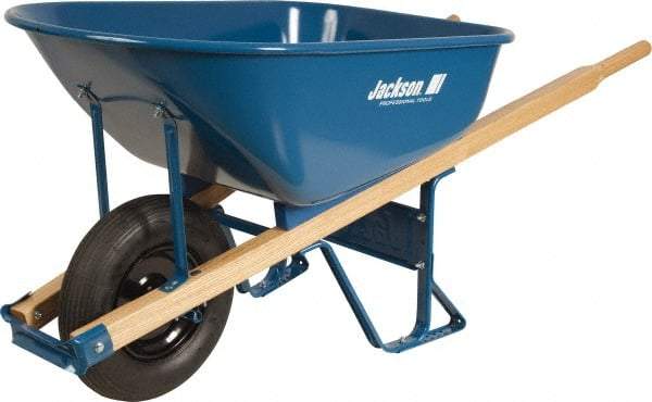 Jackson Professional Tools - 6 Cu Ft Capacity Wheelbarrow with 15" Flat Free Wheel - Wood Handle, 58-3/4" Long x 25-1/2" Wide x 27" High, Blue - Caliber Tooling