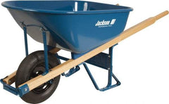 Jackson Professional Tools - 6 Cu Ft Capacity Wheelbarrow with 15" Flat Free Wheel - Wood Handle, 58-3/4" Long x 25-1/2" Wide x 27" High, Blue - Caliber Tooling