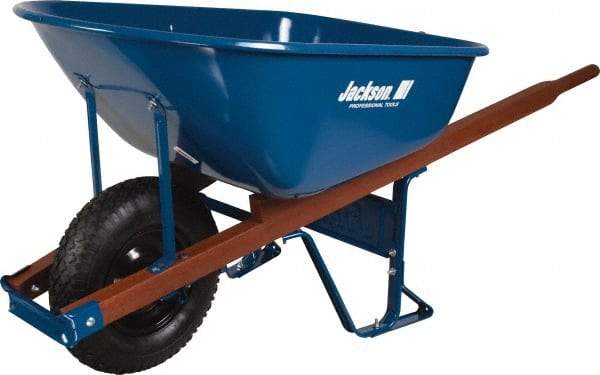 Jackson Professional Tools - 6 Cu Ft Capacity Wheelbarrow with 16" Pneumatic Wheel - Wood Handle, 58-3/4" Long x 25-1/2" Wide x 27" High, Blue - Caliber Tooling