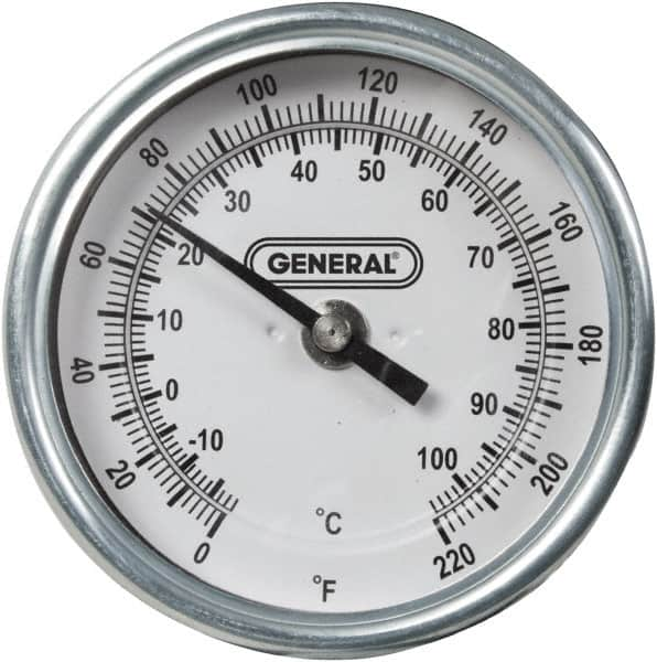 General - 36 Inch Long Stem, 3 Inch Dial Diameter, Back Connected Bi-Metal Thermometer - 220°Fahrenheit - Caliber Tooling