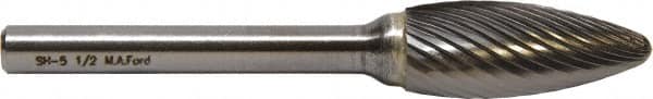 M.A. Ford - 1/4" Cut Diam, 1/4" Shank Diam, Flame Head Double Cut Burr - Carbide, Radius End, 5/8" LOC, 2" OAL - Caliber Tooling