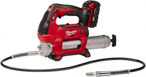 Milwaukee Tool - 10,000 Max psi, Flexible Battery-Operated Grease Gun - 14 oz Capacity, 31 Strokes per oz, Includes Grease Gun, Gauge Hose Assembly, Coupler, 30-Minute Charger, Carrying Case, Carrying Strip & (2)18 V Rechargeable Batteries - Caliber Tooling