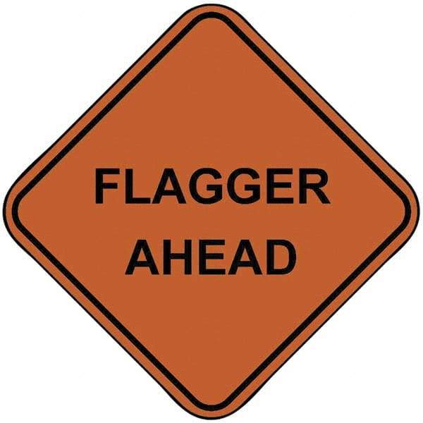 PRO-SAFE - "Flagger Ahead", 48" Wide x 48" High, Nylon Construction Roadway Signs - Orange, Square, Sign Stand Mount - Caliber Tooling