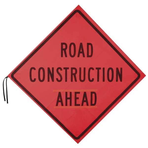 PRO-SAFE - "Road Construction Ahead", 48" Wide x 48" High, Nylon Construction Roadway Signs - Orange, Square, Sign Stand Mount - Caliber Tooling