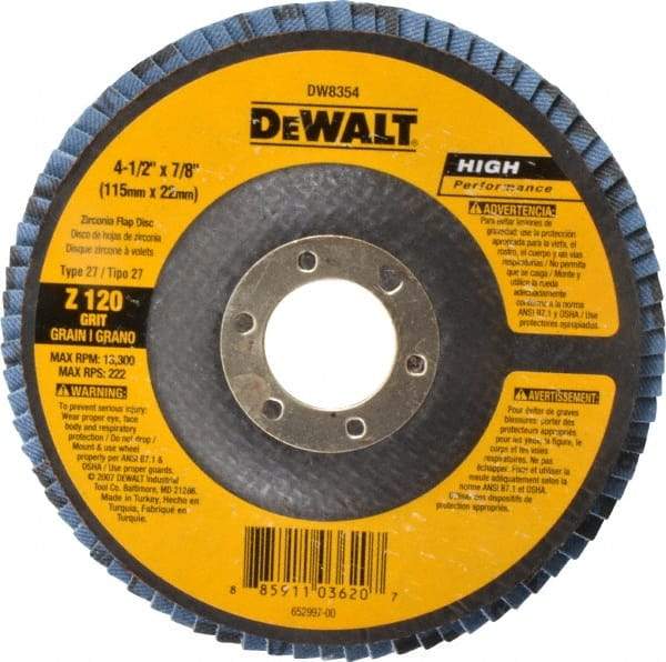 DeWALT - 120 Grit, 4-1/2" Disc Diam, 7/8" Center Hole, Type 27 Zirconia Alumina Flap Disc - 13,300 Max RPM, Fiberglass Backing, Arbor Attaching System, Coated - Caliber Tooling