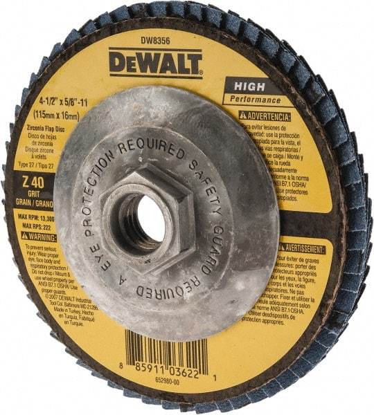 DeWALT - 40 Grit, 4-1/2" Disc Diam, 5/8-11 Center Hole, Type 27 Zirconia Alumina Flap Disc - 13,300 Max RPM, Fiberglass Backing, Arbor Attaching System, Coated - Caliber Tooling