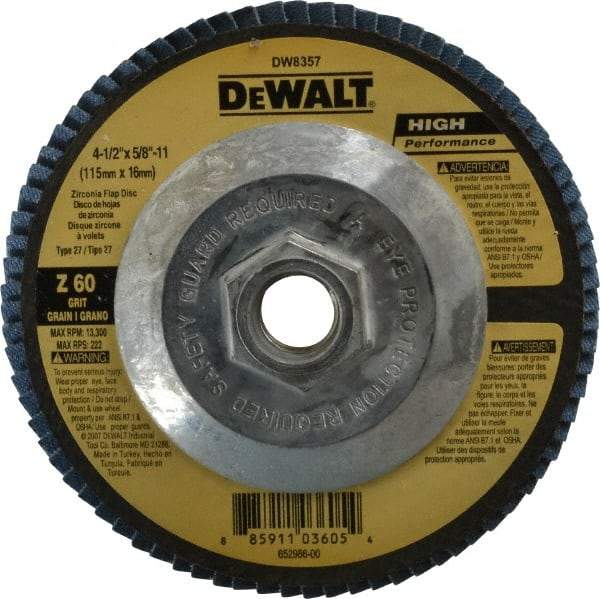 DeWALT - 60 Grit, 4-1/2" Disc Diam, 5/8-11 Center Hole, Type 27 Zirconia Alumina Flap Disc - 13,300 Max RPM, Fiberglass Backing, Arbor Attaching System, Coated - Caliber Tooling