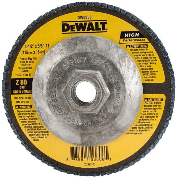 DeWALT - 80 Grit, 4-1/2" Disc Diam, 5/8-11 Center Hole, Type 27 Zirconia Alumina Flap Disc - 13,300 Max RPM, Fiberglass Backing, Arbor Attaching System, Coated - Caliber Tooling