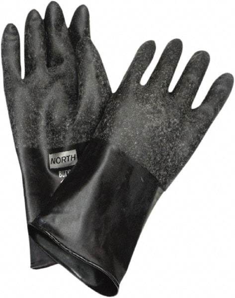 North - Size L (9), 14" Long, 14 mil Thick, Butyl Chemical Resistant Gloves - Rough Finish, Rolled Cuff, Black, FDA Approved - Caliber Tooling