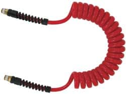 PRO-SOURCE - 5/16" ID, 1/4 Thread, 20' Long, Red Polyurethane Coiled & Self Storing Hose - 185 Max psi, Male Swivel x Male Swivel - Caliber Tooling