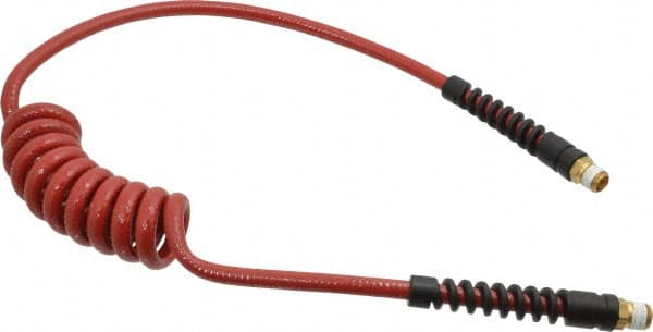 PRO-SOURCE - 1/4" ID, 1/4 Thread, 5' Long, Red Polyurethane Coiled & Self Storing Hose - 220 Max psi, Male Swivel x Male Swivel - Caliber Tooling