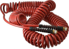 PRO-SOURCE - 1/4" ID, 1/4 Thread, 50' Long, Red Polyurethane Coiled & Self Storing Hose - 220 Max psi, Male Swivel x Male Swivel - Caliber Tooling