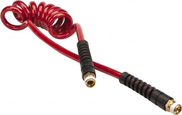 PRO-SOURCE - 5/16" ID, 3/8 Thread, 5' Long, Red Polyurethane Coiled & Self Storing Hose - 185 Max psi, Male Swivel x Male Swivel - Caliber Tooling