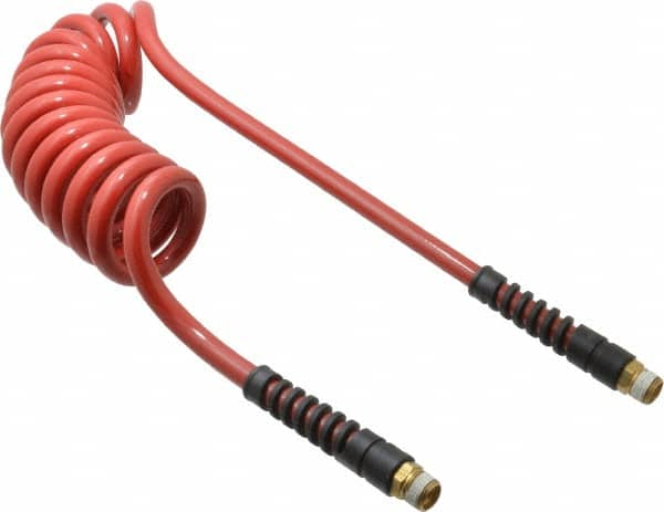 PRO-SOURCE - 3/8" ID, 3/8 Thread, 10' Long, Red Polyurethane Coiled & Self Storing Hose - 200 Max psi, Male Swivel x Male Swivel - Caliber Tooling