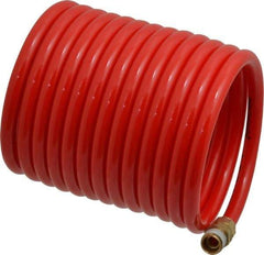 PRO-SOURCE - 1/4" ID, 1/4 Thread, 12' Long, Red Nylon Coiled & Self Storing Hose - 350 Max psi, Male Swivel x Male Swivel - Caliber Tooling