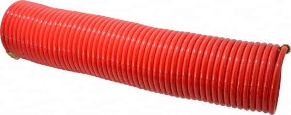 PRO-SOURCE - 1/4" ID, 1/4 Thread, 50' Long, Red Nylon Coiled & Self Storing Hose - 350 Max psi, Male Swivel x Male Swivel - Caliber Tooling