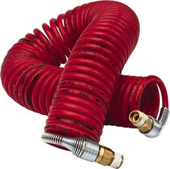 PRO-SOURCE - 1/8" ID, 1/8 Thread, 25' Long, Red Nylon Coiled & Self Storing Hose - 386 Max psi, Male Swivel x Male Swivel - Caliber Tooling