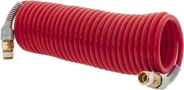 PRO-SOURCE - 3/16" ID, 1/4 Thread, 17' Long, Red Nylon Coiled & Self Storing Hose - 287 Max psi, Male Swivel x Male Swivel - Caliber Tooling