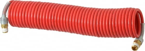 PRO-SOURCE - 3/16" ID, 1/4 Thread, 25' Long, Red Nylon Coiled & Self Storing Hose - 287 Max psi, Male Swivel x Male Swivel - Caliber Tooling