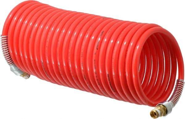 PRO-SOURCE - 5/16" ID, 1/4 Thread, 25' Long, Red Nylon Coiled & Self Storing Hose - 213 Max psi, Male Swivel x Male Swivel - Caliber Tooling