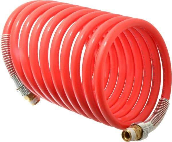 PRO-SOURCE - 1/2" ID, 1/2 Thread, 17' Long, Red Nylon Coiled & Self Storing Hose - 220 Max psi, Male Swivel x Male Swivel - Caliber Tooling