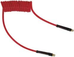 PRO-SOURCE - 1/4" ID, 1/4 Thread, 30' Long, Red Polyurethane Coiled & Self Storing Hose - 147 Max psi, Male Swivel x Male Swivel - Caliber Tooling