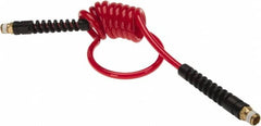 PRO-SOURCE - 3/16" ID, 1/4 Thread, 5' Long, Red Polyurethane Coiled & Self Storing Hose - 147 Max psi, Male Swivel x Male Swivel - Caliber Tooling