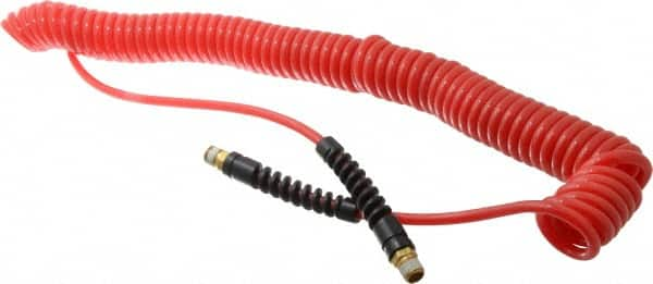 PRO-SOURCE - 3/16" ID, 1/4 Thread, 25' Long, Red Polyurethane Coiled & Self Storing Hose - 147 Max psi, Male Swivel x Male Swivel - Caliber Tooling