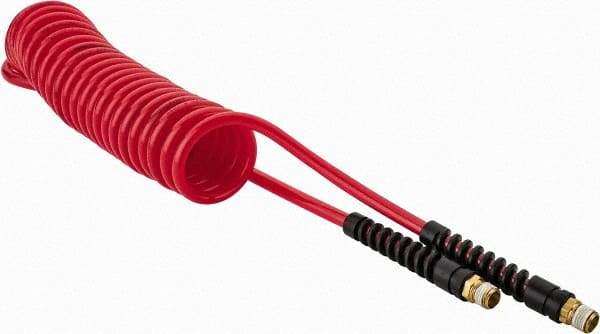 PRO-SOURCE - 1/4" ID, 1/4 Thread, 15' Long, Red Polyurethane Coiled & Self Storing Hose - 147 Max psi, Male Swivel x Male Swivel - Caliber Tooling