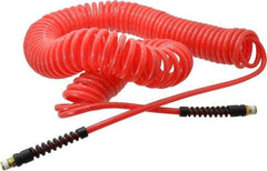 PRO-SOURCE - 1/4" ID, 1/4 Thread, 50' Long, Red Polyurethane Coiled & Self Storing Hose - 147 Max psi, Male Swivel x Male Swivel - Caliber Tooling