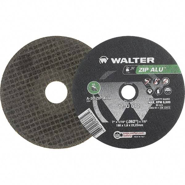 WALTER Surface Technologies - 7" 30 Grit Aluminum Oxide Cutoff Wheel - 1/16" Thick, 7/8" Arbor, 8,600 Max RPM, Use with Angle Grinders - Caliber Tooling