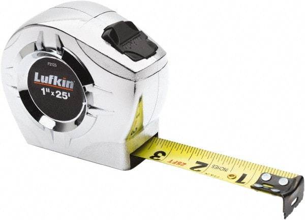 Lufkin - 25' x 1" Yellow Blade Tape Measure - 1/16" Graduation, Inch Graduation Style, Chrome Case - Caliber Tooling