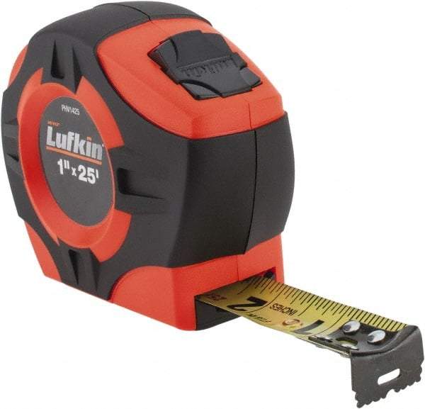 Lufkin - 25' x 1" Yellow Blade Tape Measure - 1/16" Graduation, Inch Graduation Style, High-Visibility Orange Case - Caliber Tooling