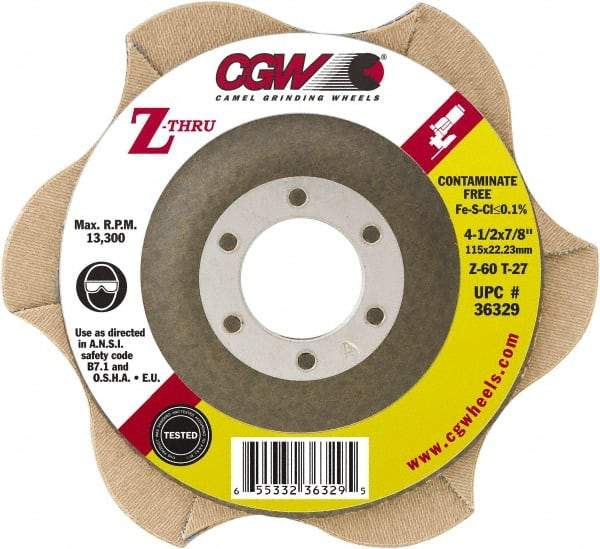 Camel Grinding Wheels - 60 Grit, 5" Disc Diam, 7/8" Center Hole, Type 27 Zirconia Alumina Flap Disc - 12,200 Max RPM, Poly Cotton Backing, Arbor Attaching System, Coated - Caliber Tooling