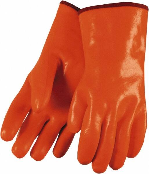 MCR Safety - Size L (9), 12" Long, 28 mil Thick, Supported, PVC Chemical Resistant Gloves - Smooth Finish, Fleece/Jersey Lined, Orange - Caliber Tooling