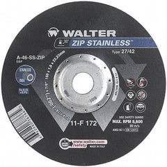 WALTER Surface Technologies - 46 Grit, 7" Wheel Diam, 1/16" Wheel Thickness, 7/8" Arbor Hole, Type 27 Depressed Center Wheel - Aluminum Oxide/Silicon Carbide Blend, Resinoid Bond, 8,600 Max RPM - Caliber Tooling