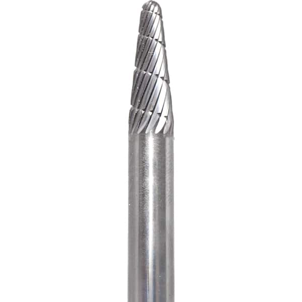 Made in USA - 1/4" Cut Diam, 1/4" Shank Diam, Cone Head Fastmill Cut Burr - Carbide, 5/8" LOC, 2" OAL - Caliber Tooling