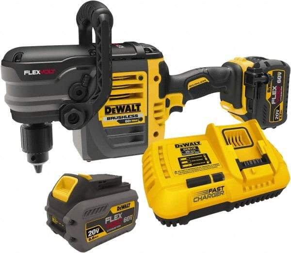 DeWALT - 60 Volt 1/2" Chuck Right Angle Handle Cordless Drill - 0-300 & 0-1200 RPM, Keyed Chuck, 2 Lithium-Ion Batteries Included - Caliber Tooling