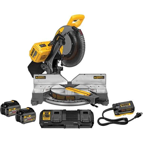 DeWALT - 15 Amp, 120 Volt, 3,800 RPM, 50° Double Bevel Miter Saw - 5/8 or 1" Arbor, 12" Blade Diam, Includes DHS716 Miter Saw, DCA120 120V Adaptor & DCA132 Charger - Caliber Tooling