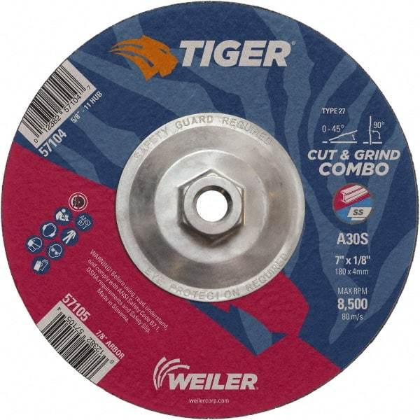 Weiler - 30 Grit, 7" Wheel Diam, 1/8" Wheel Thickness, Type 27 Depressed Center Wheel - Medium Grade, Aluminum Oxide, Resinoid Bond, S Hardness, 8,500 Max RPM - Caliber Tooling